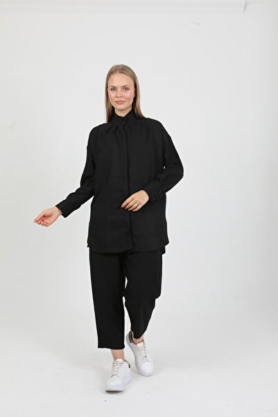 Zeneva Collection Black Hidden Button Elastic Waist Shirt and Trousers Set 8660