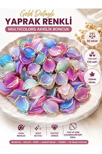 E.B EBRULİ BONCUK 15mm Gold Detaylı Yaprak Renkli Multicolors Akrilik Boncuk ...