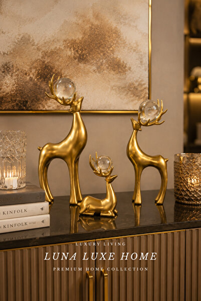 Luna Luxe Home Aurum Collection | Kristal Cam Küreli Dekoratif Üçlü Geyik Obj...