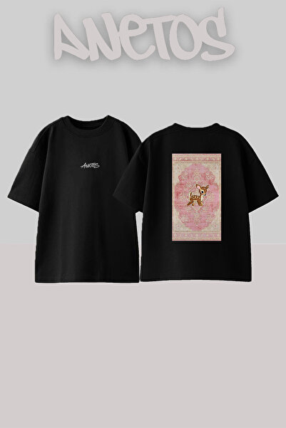 Anetos Painted Fawn Design Back Printed Cotton Black Oversize T-Shirt