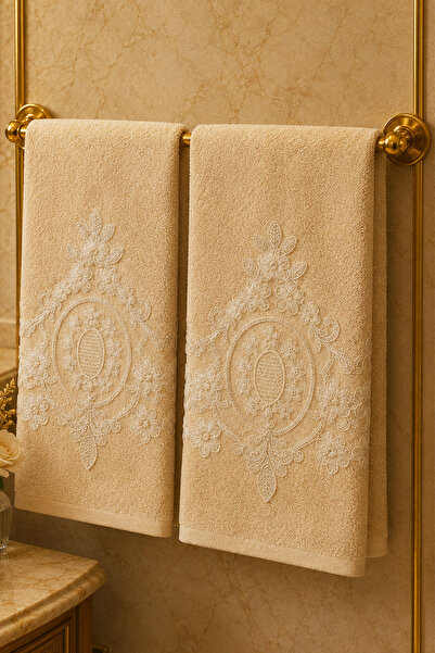 iselahome Aselya Laced Cotton Dowry Hand Towel Set of 2 50X90 cm