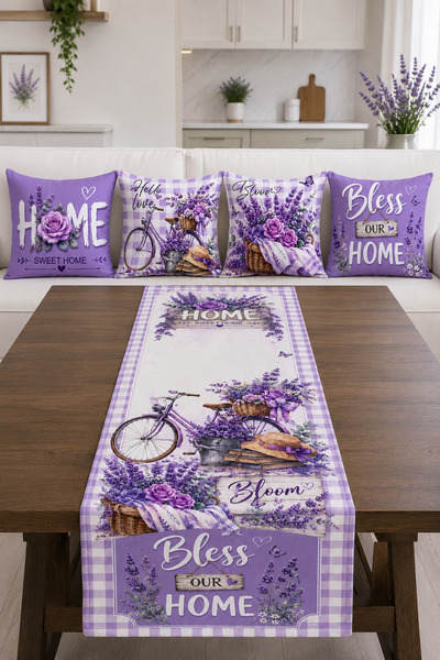 Bebişim Halı Lavender Floral Bicycle Patterned Runner and Set of 4 Throw Pill...