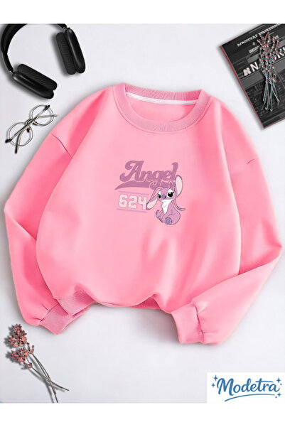 Modetra سويت شيرت نسائي أساسي برقبة دائرية مطبوع عليه Lilo Angel Stitch من ال...