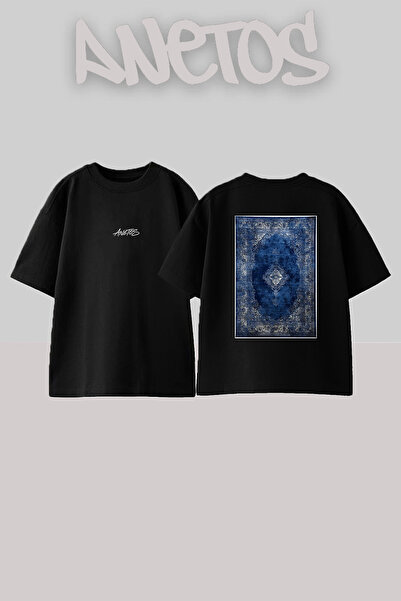 Anetos Blue Oriental Rug_1 Design Back Printed Cotton Black Oversize T-Shirt