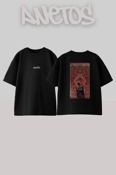 Anetos Knight Rose Design Back Printed Cotton Black Oversize T-Shirt