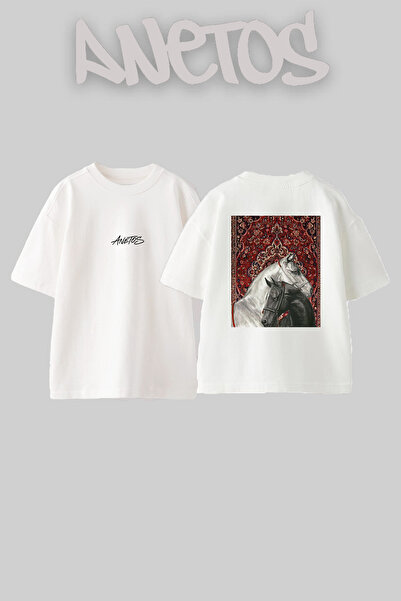Anetos Horses Hali_6 Design Back Printed Cotton White Oversize T-Shirt