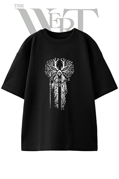 THEWERT Tricou oversize negru unisex cu imprimeu Horned God Design