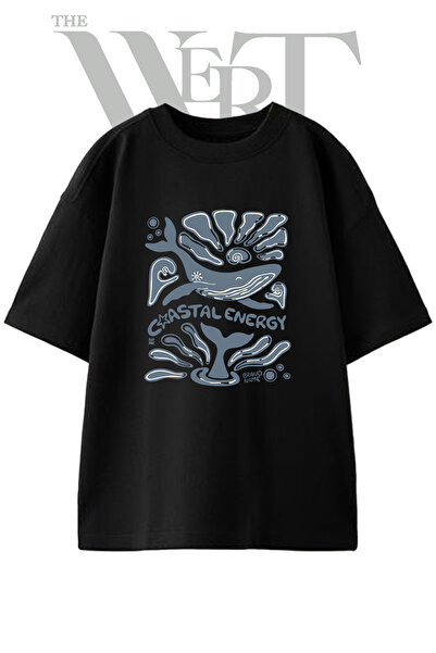 THEWERT Tricou supradimensionat negru unisex cu imprimeu Coastal Whale Design