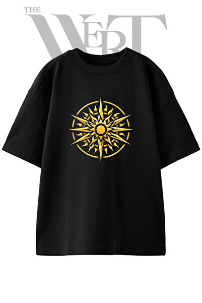 THEWERT Sun Symbol Design Printed Unisex Black Oversize T-Shirt