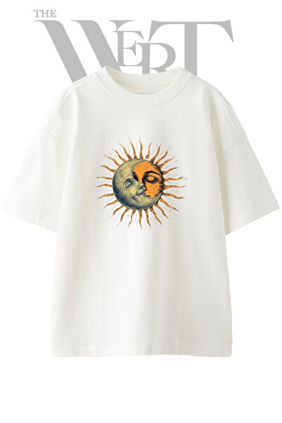THEWERT Sun Moon Design Printed Unisex White Oversize T-Shirt