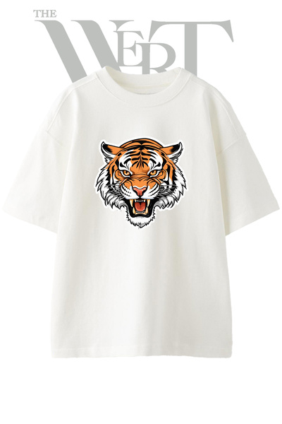THEWERT Tricou oversize alb unisex cu imprimeu cu cap de tigru