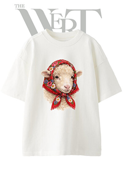 THEWERT Kuzu Babushka Design Printed Unisex White Oversize T-Shirt
