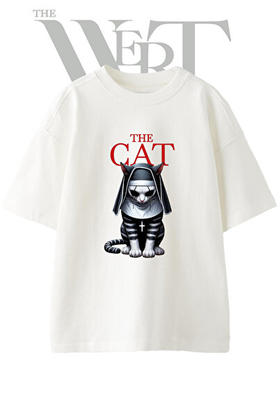 THEWERT Μπλουζάκι Nun Cat Design με στάμπα Unisex Λευκό Oversize