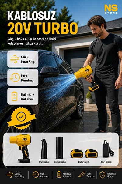 NS Store 20V Çift Bataryalı Kablosuz Turbo Hava ve Yaprak Üfleyici Makinesi Toz Su Araç Kurutma
