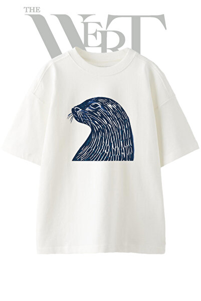 THEWERT Linotiskana majica sa dizajnom vidra, unisex, bela, prevelika
