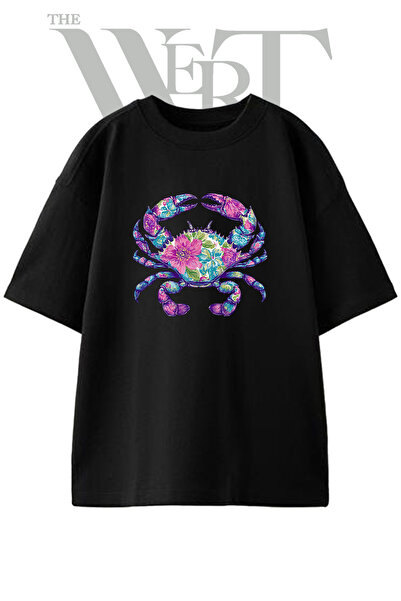 THEWERT Floral Crab_1 Design Printed Unisex Black Oversize T-Shirt
