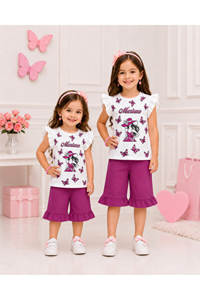 Generic Brand Tricou cu volane cu imprimeu fluturi pentru fete și pantaloni s...