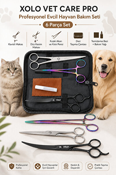 xolo Vet Care Pro 6 Parça Kedi Köpek Makas Seti Kavisli Düz Makas Kıtık Pensi...