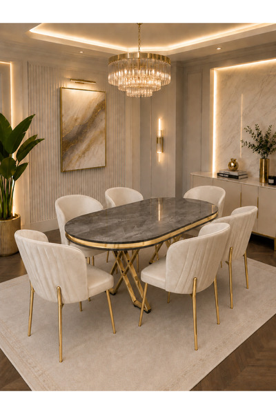 Concept Ayz Home Pera Gold Serisi 6 Kişilik Krem Kumaş 90*168 İrony Lake Pane...