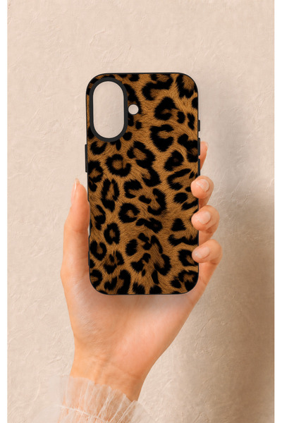 Vip Case iPhone 16 Uyumlu Koyu Leopar Deri Desenli Silikon Kılıf