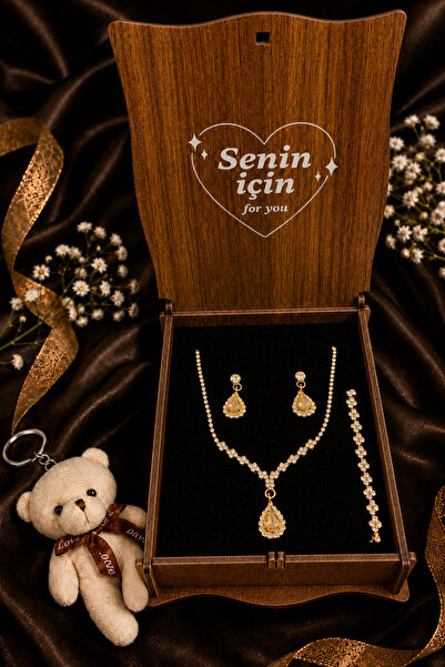HUBANN Premium Wooden Boxed Gold Color Drop Stone Waterway 3-Piece Jewelry Se...