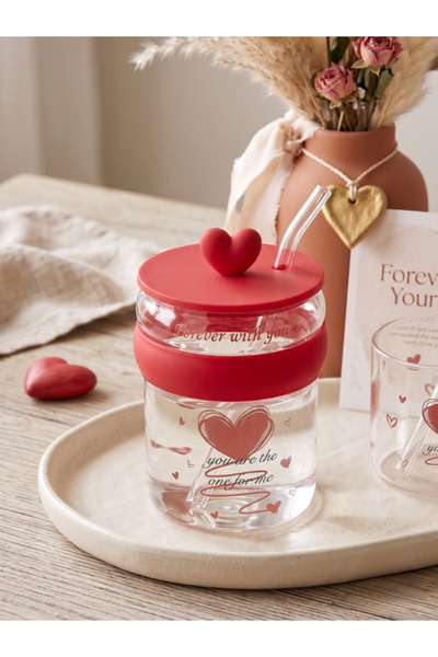 Tohana Heart Themed Glass Mug with Straw - Gift for Lovers