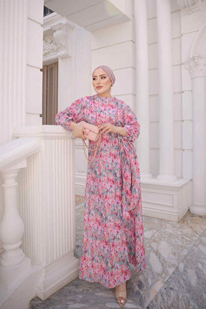 İmajButik Pink Elastic Sleeve Dress with Buckle Detail