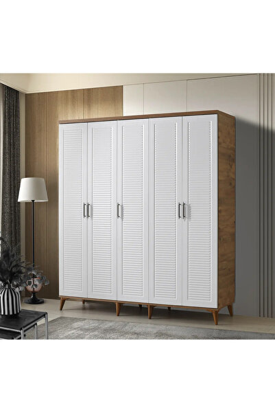 MaceraMobilya Paris 5 Kapaklı Komple MDF Atlantik Çam-Beyaz Beyaz Gardırop