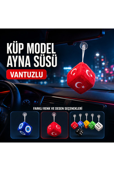 YMÇ DETAILING & AUTOMOTIVE Vantuzlu Küp Model Araç Ayna Süsü – Peluş Zar, Naz...