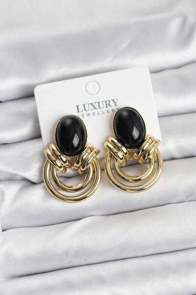 Mega Bazaar Brass Gold Color Black Stone Vintage Women's Earrings