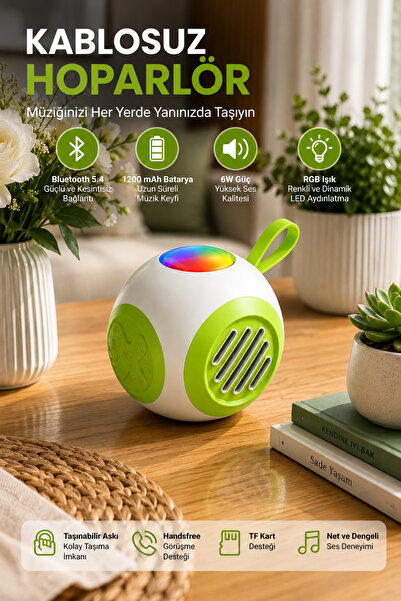 VOOKA RGB Işıklı Taşınabilir Bluetooth Hoparlör 6W Güçlü Ses, 1200 mAh Batary...