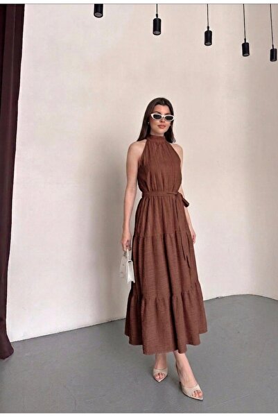 Trendline Trend Women's Coffee Halter Neck Summer Slim Dress