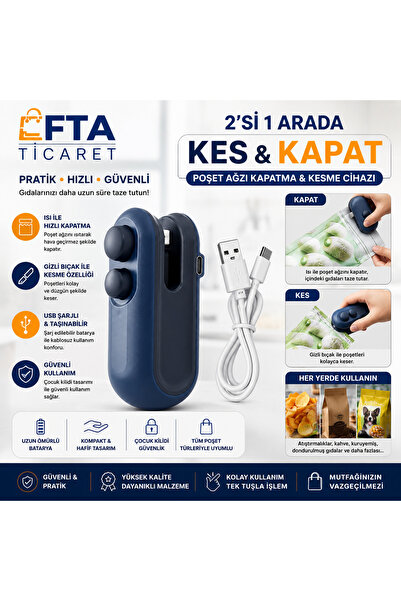 FTA TİCARET 2'si 1 Arada USB Şarjlı Poşet Ağzı Kapatma ve Kesme Cihazı Mini T...