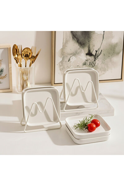 GÖNÜL Seramik Kare Tabak 6’lı Set – Metal Standlı, Beyaz Sunum & Servis Tabağ...