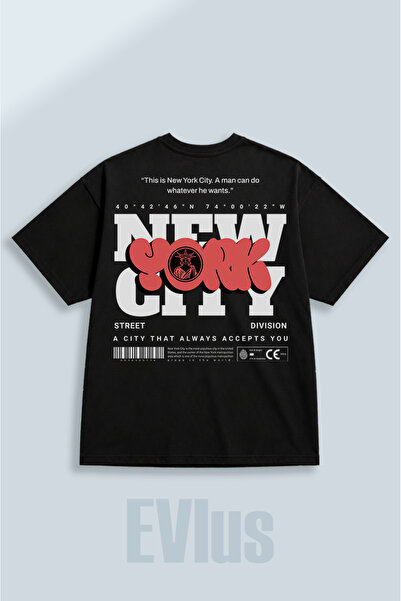 EVIus Tricou negru supradimensionat, cu imprimeu New York City, 100% bumbac, ...