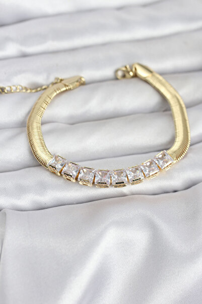 Mega Bazaar 316L Steel Gold Color Square Zircon Stone Snake Chain Women's Bra...