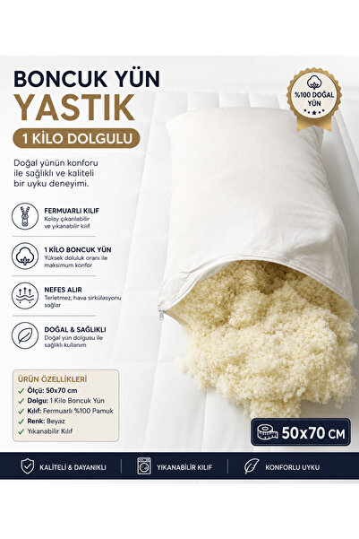 EVTEKSHOME 50x70 cm 1 Kg Boncuk Yün Yastık %100 Pamuklu Fermuarlı Şilte Kılıf...