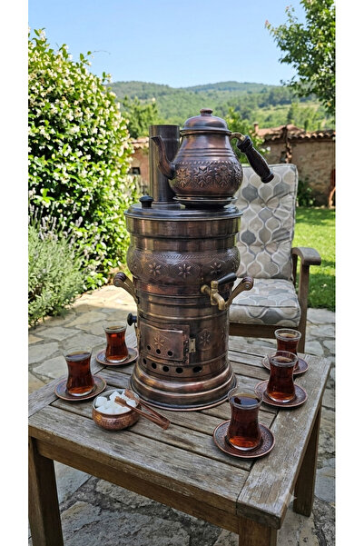 Zinnun Bakır Oksitlendirilmiş Odunlu Semaver El Yapımı 7 LT (Mangal Kısmı Ayr...