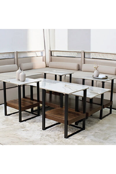 GLAMOURE HOME طقم طاولات خدمة وضيافة مودرن 5 قطع – سطح سيراميك رخامي وأرفف خش...