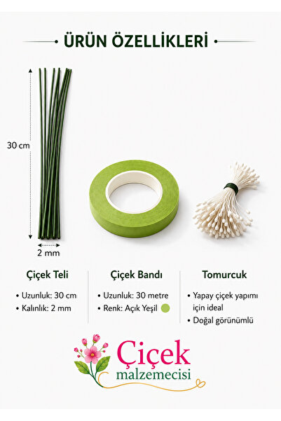 KLC Çiçek Malzemecisii Çiçek Yapım Seti – 10 Adet Çiçek Teli (30 cm) + 30 Met...