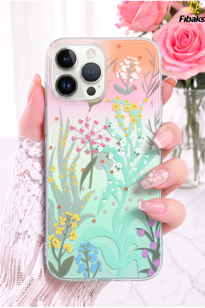 Fibaks iPhone 14 Pro Max / 15 Pro Max Kılıf Bahar Bahçesi Desenli Şeffaf Sili...