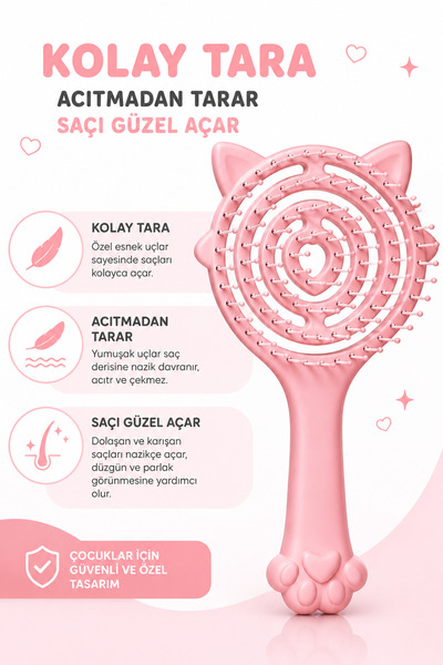 Kifi Pro Üç Boyutlu Çocuk Saç Fırçası Pembe Kedi Pati ve Kulaklı