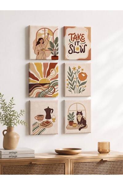 ARTAGE 6’lı Retro Modern Bohem Naif Sanat Kanvas Tablo Seti