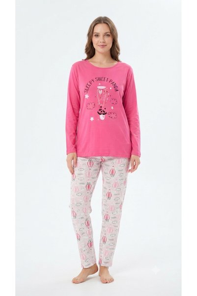 Generic Brand Özsurgun Sleepy Sweet Panda Printed Pink Women's Pajama Set