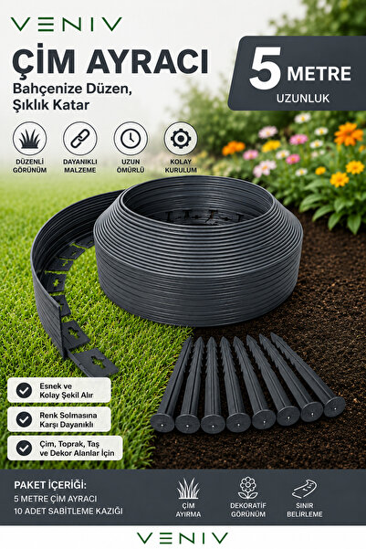 VENİV 5 Metre Yeşil Çim Taş Toprak Ayırıcı Sınırlayıcı Bariyeri | 10 Sabitlem...