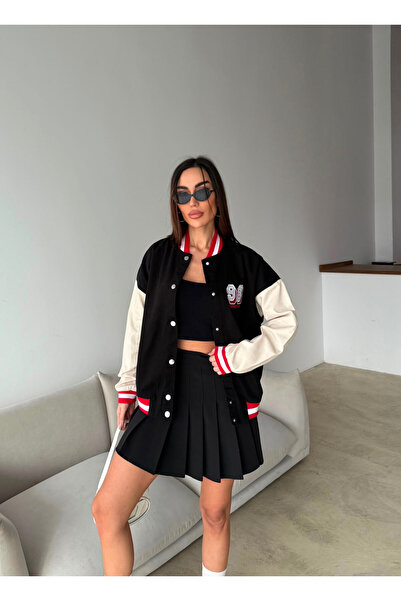 harmony factory Women's Black Cream Sleeve Embroidered College Varsity Jacket...