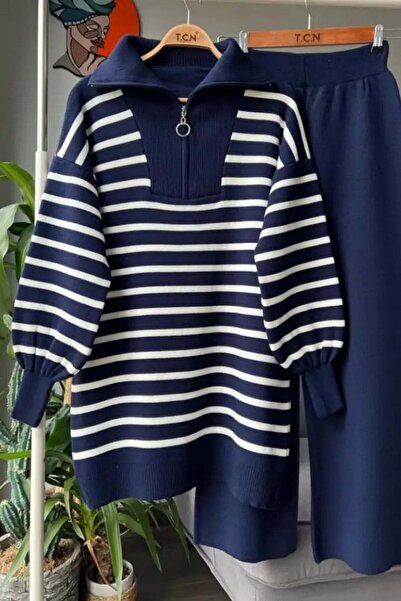 müqofficial Lily Striped Knitwear Set - Navy Blue