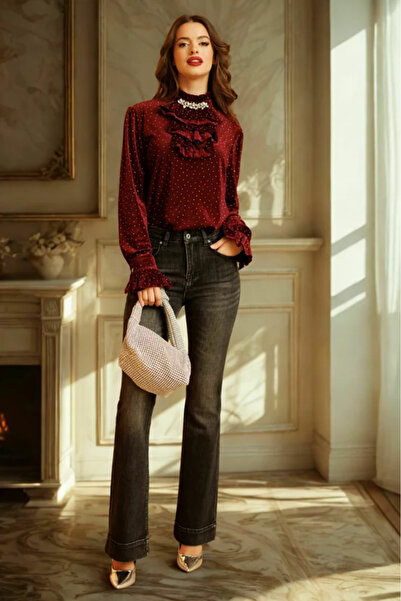 OEM Bluză dama eleganta cu jabou din catifea elastica bordo si accesoriu stra...