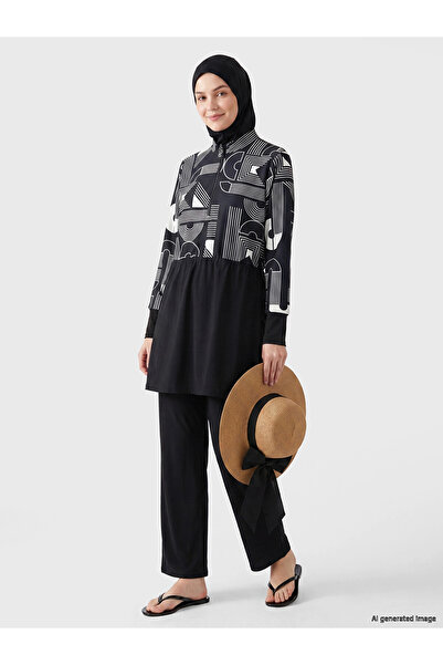 LC Waikiki Lcw Dream Black High Neck Patterned Women's Hijab Swimsuit