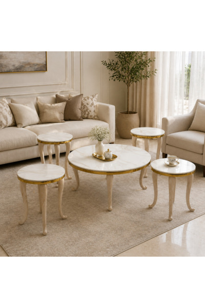 on home طقم شاي سيراميك دائري عصري بلمسات ذهبية (1+4)